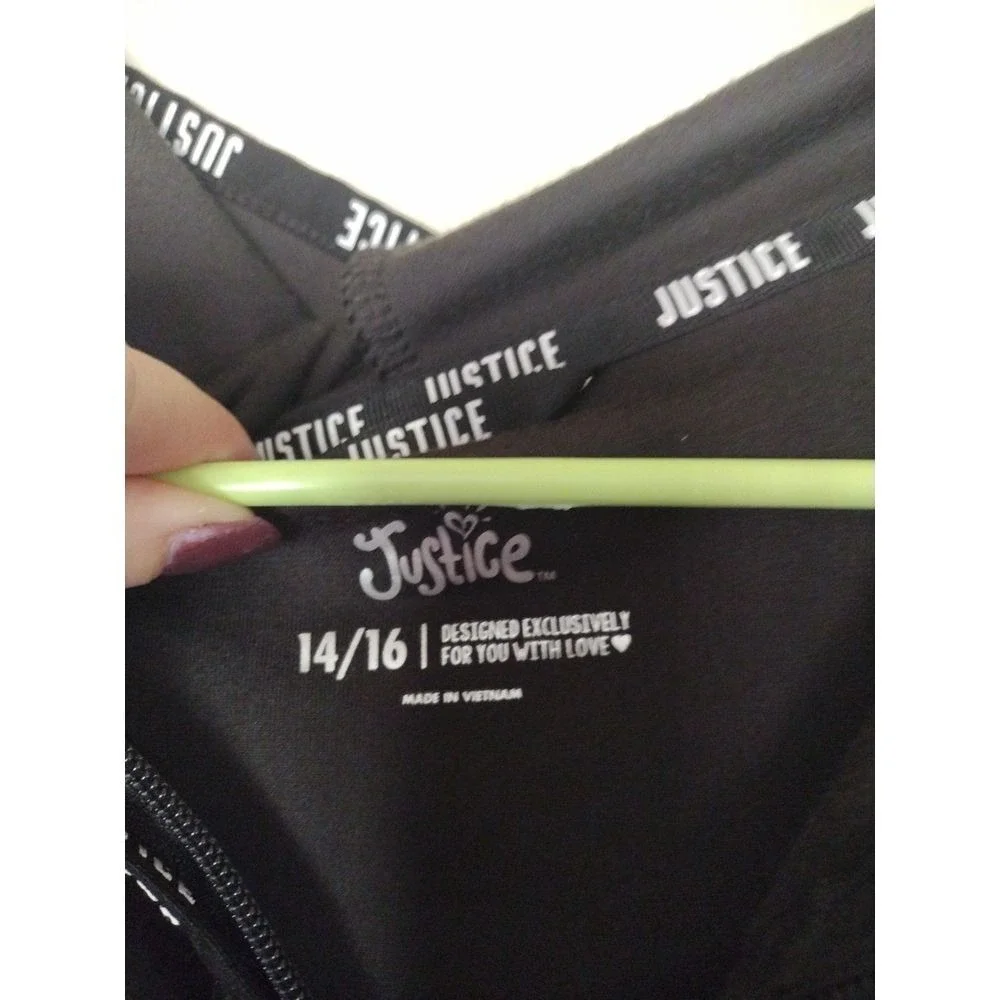 Justice Girls Black Velour Quarter Zip Hoodie Logo Tape Sweatshirt Size‎ 14/16